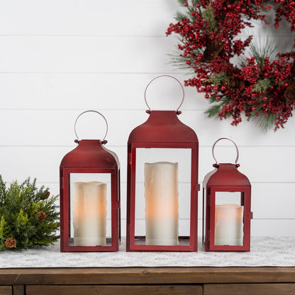 Set of Two Red Distressed Iron Floor Lantern Candle Holders