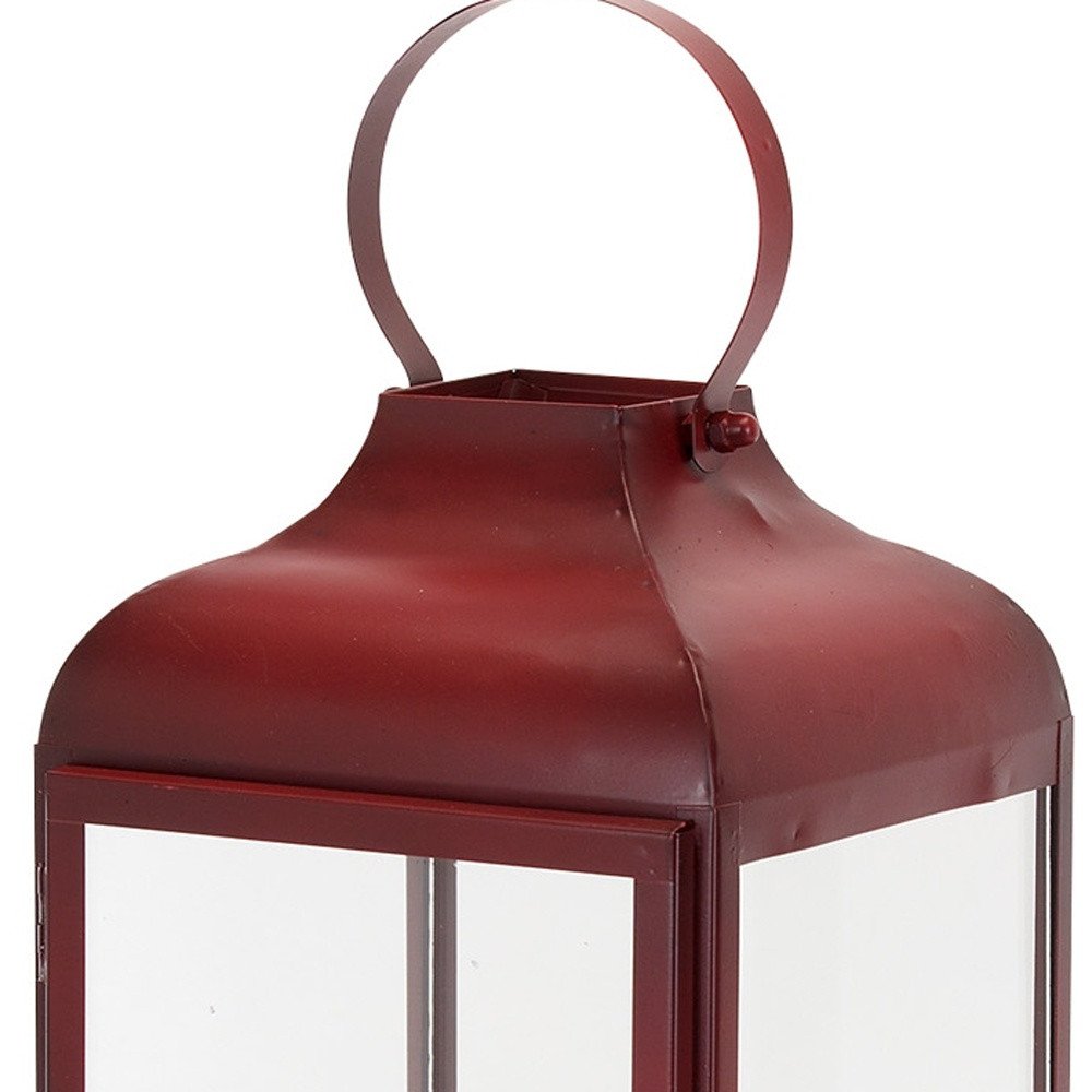 Set of Two Red Distressed Iron Floor Lantern Candle Holders