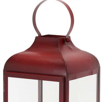 Set of Two Red Distressed Iron Floor Lantern Candle Holders