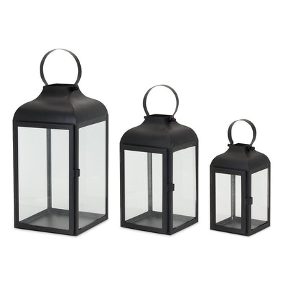 Set of Two Black Distressed Iron Floor Lantern Candle Holders