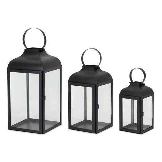 Set of Two Black Distressed Iron Floor Lantern Candle Holders