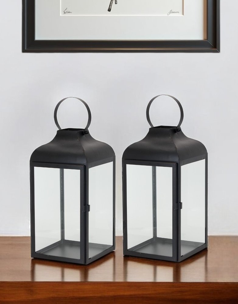 Set of Two Black Distressed Iron Floor Lantern Candle Holders