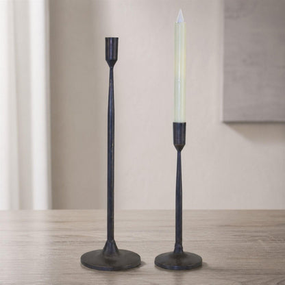Set of Two Black Distressed Metal Tabletop Taper Candle Holders