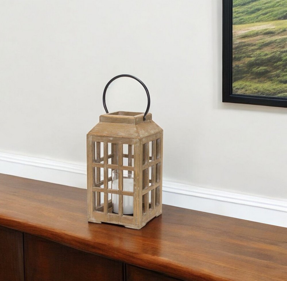 13" Natural Distressed Wood And Glass Centerpiece Lantern Candle Holder
