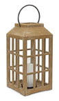 18" Natural Distressed Geometric Wood And Glass Centerpiece Lantern Candle Holder