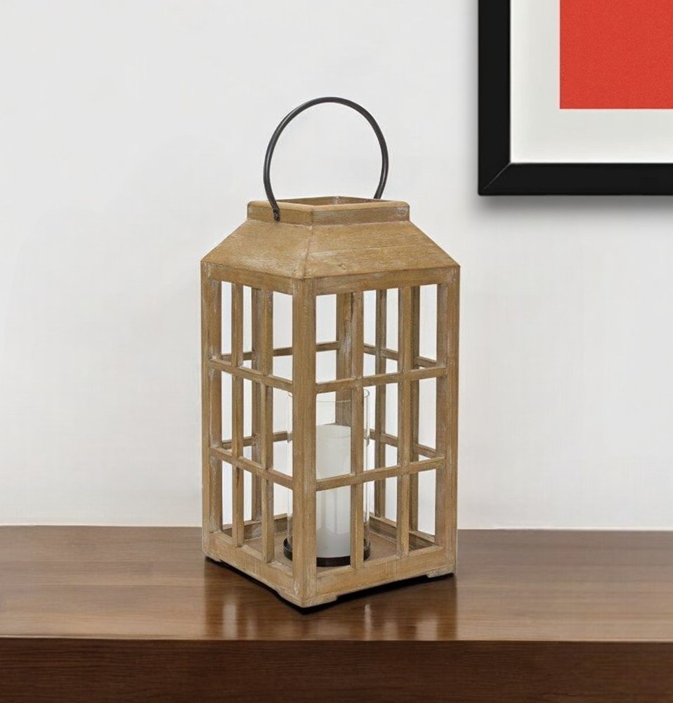 18" Natural Distressed Geometric Wood And Glass Centerpiece Lantern Candle Holder