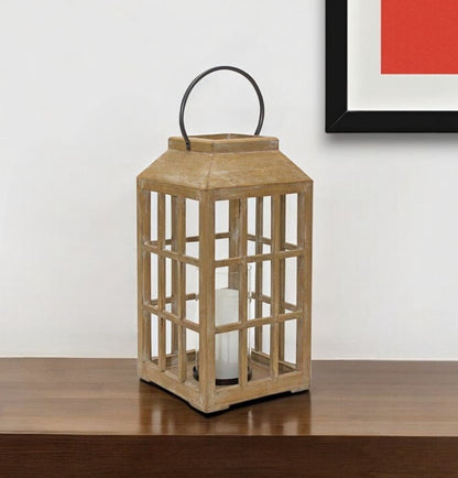 18" Natural Distressed Geometric Wood And Glass Centerpiece Lantern Candle Holder