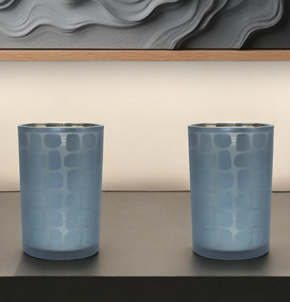 Set of Two Navy Blue Abstract Glass Tabletop Tealight Candle Holders