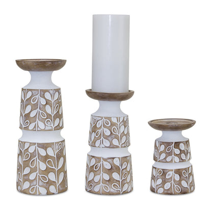Set of Three Brown And White Botanical Leaf Stone Powder Tabletop Pillar Candle Holders