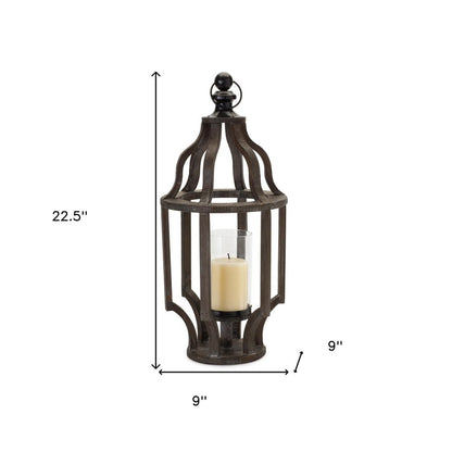 23" Black Geometric Wood And Glass Tabletop Lantern Candle Holder