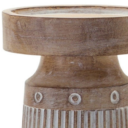 Set of Three Natural And White Distressed Geometric Polyresin Tabletop Pillar Candle Holders