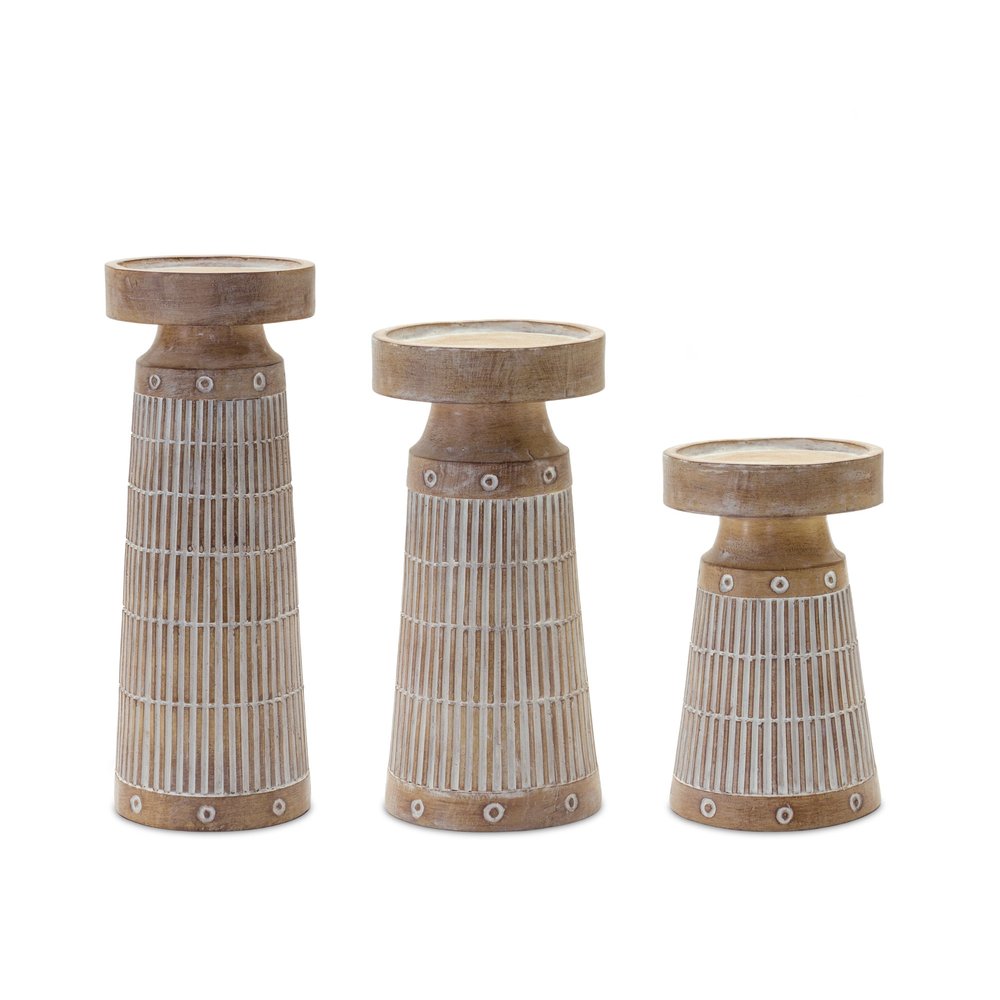 Set of Three Natural And White Distressed Geometric Polyresin Tabletop Pillar Candle Holders