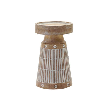 Set of Three Natural And White Distressed Geometric Polyresin Tabletop Pillar Candle Holders