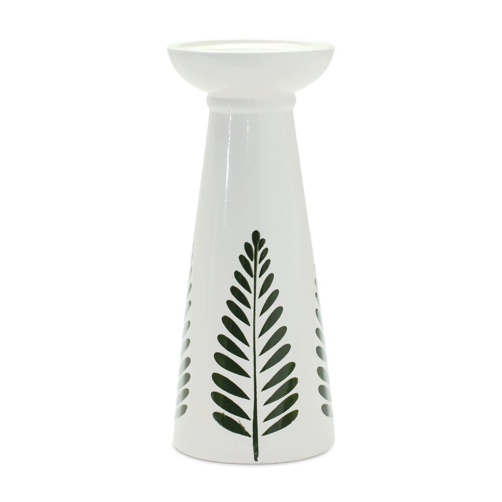 Set of Two Green And White Distressed Botanical Leaf Ceramic Tabletop Pillar Candle Holders