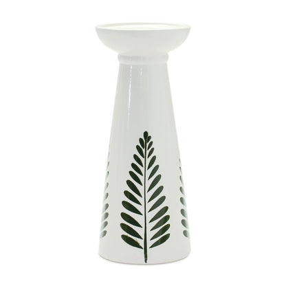 Set of Two Green And White Distressed Botanical Leaf Ceramic Tabletop Pillar Candle Holders