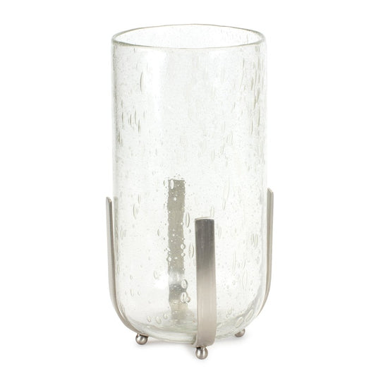 6" Silver And Clear Metal And Glass Tabletop Hurricane Candle Holder