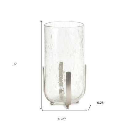 6" Silver And Clear Metal And Glass Tabletop Hurricane Candle Holder