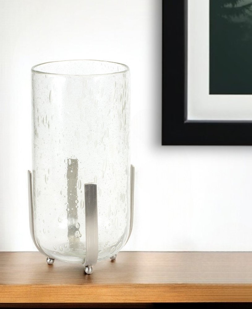 6" Silver And Clear Metal And Glass Tabletop Hurricane Candle Holder