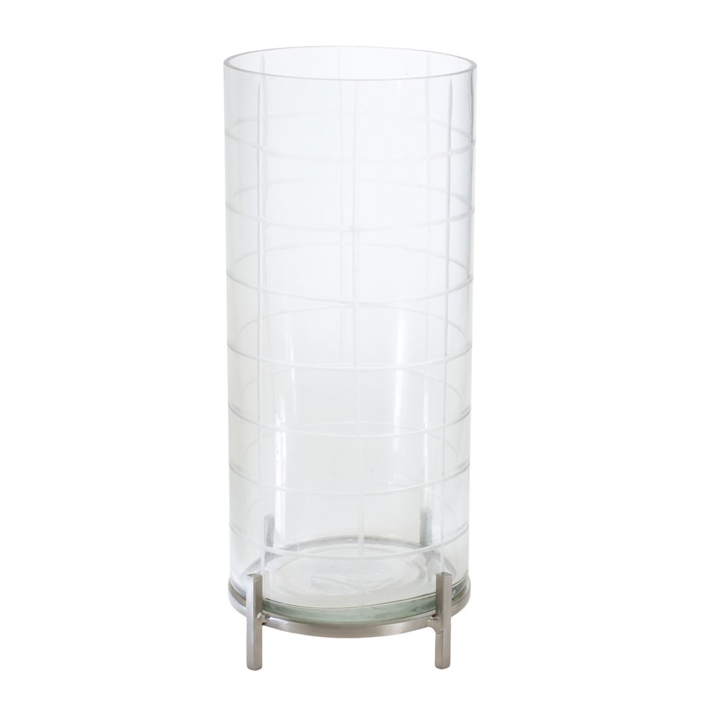 12" Silver And Clear Geometric Iron And Glass Tabletop Hurricane Candle Holder