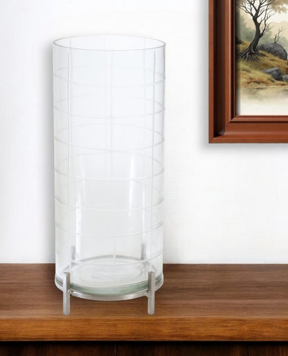 12" Silver And Clear Geometric Iron And Glass Tabletop Hurricane Candle Holder