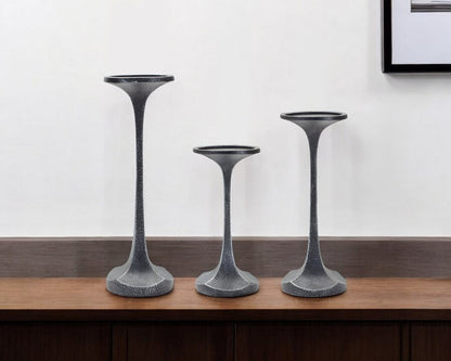 Set of Three Dark Gray Distressed Abstract Polyresin Tabletop Pillar Candle Holders