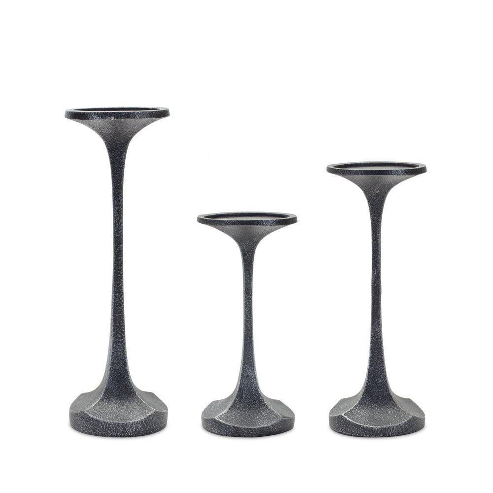 Set of Three Dark Gray Distressed Abstract Polyresin Tabletop Pillar Candle Holders