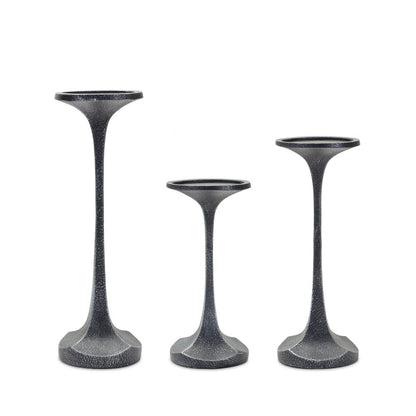 Set of Three Dark Gray Distressed Abstract Polyresin Tabletop Pillar Candle Holders