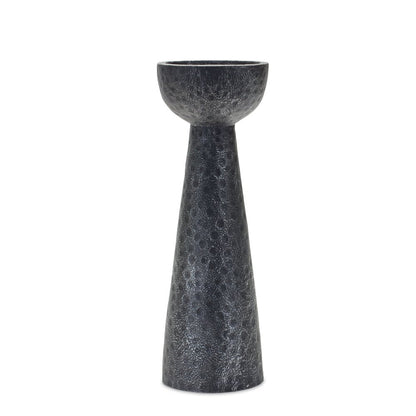 Set of Two Black Distressed Hammered Polyresin Tabletop Pillar Candle Holders