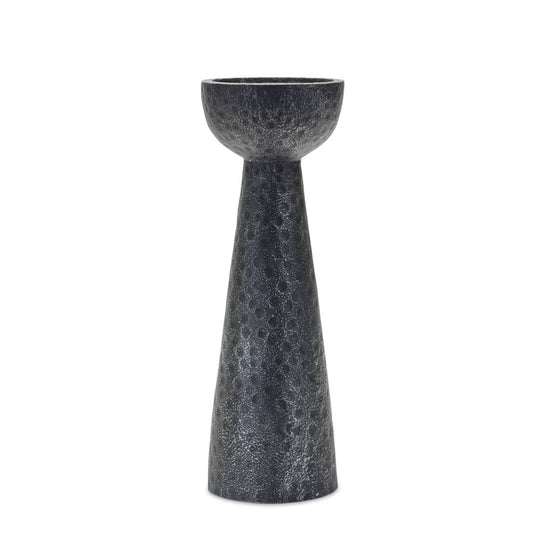 Set of Two Black Distressed Hammered Polyresin Tabletop Pillar Candle Holders