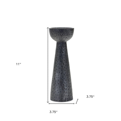 Set of Two Black Distressed Hammered Polyresin Tabletop Pillar Candle Holders
