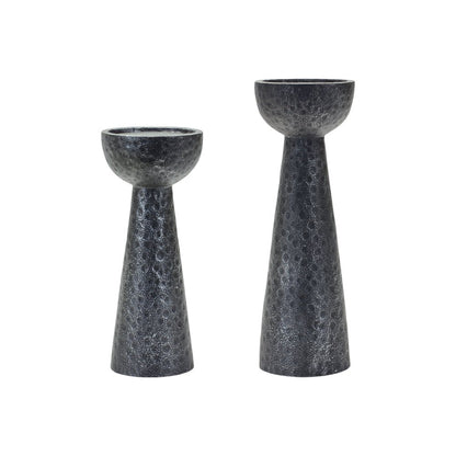 Set of Two Black Distressed Hammered Polyresin Tabletop Pillar Candle Holders