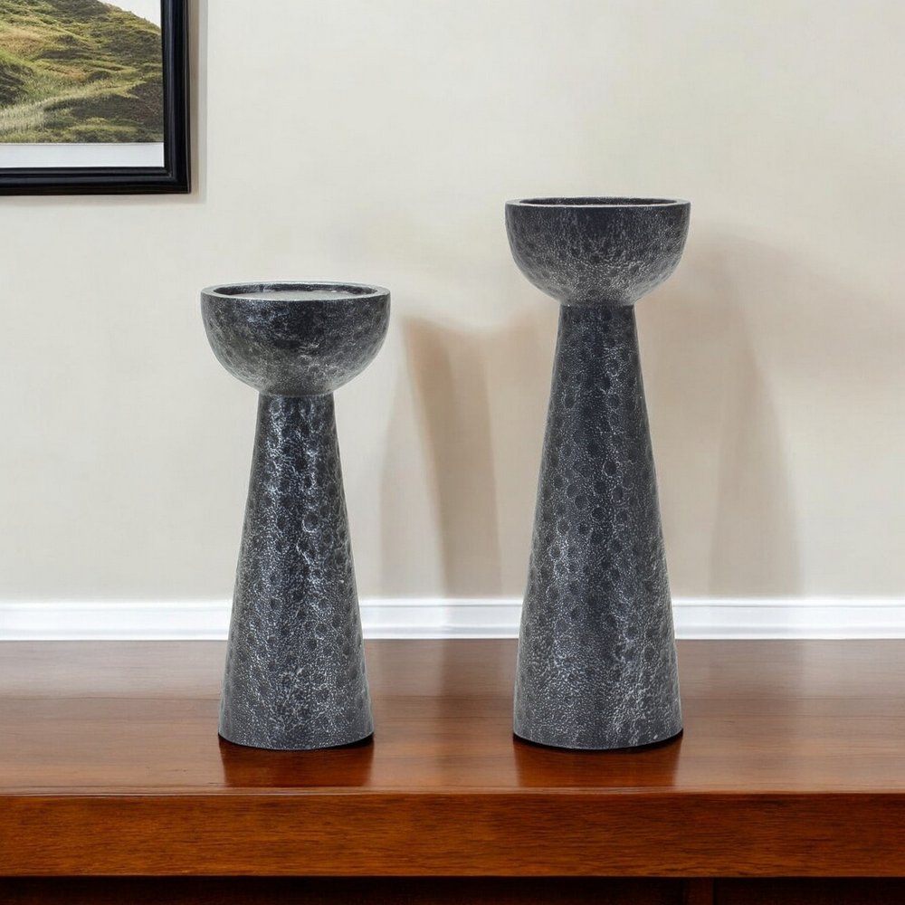 Set of Two Black Distressed Hammered Polyresin Tabletop Pillar Candle Holders