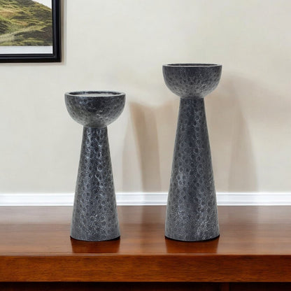Set of Two Black Distressed Hammered Polyresin Tabletop Pillar Candle Holders