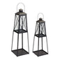 Set of Two Black Distressed Ornate Iron Tabletop Lantern Candle Holders