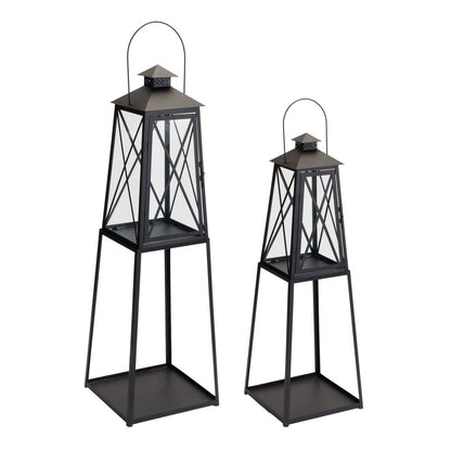 Set of Two Black Distressed Ornate Iron Tabletop Lantern Candle Holders
