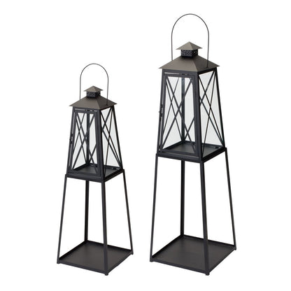 Set of Two Black Distressed Ornate Iron Tabletop Lantern Candle Holders