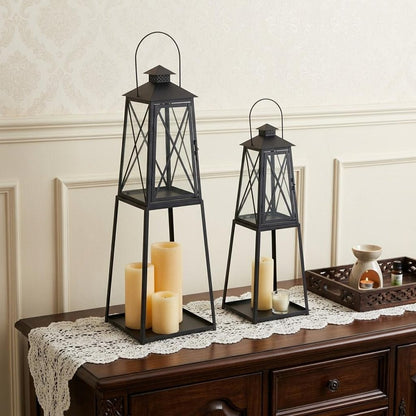 Set of Two Black Distressed Ornate Iron Tabletop Lantern Candle Holders