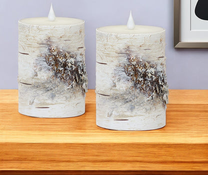 Set of Two Beige and Ivory Faux Birchwood Flameless Pillar Candle