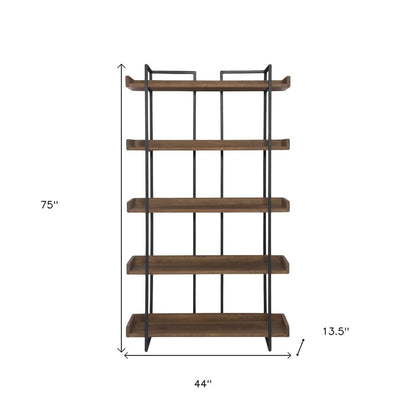75" Black And Brown Metal and Wood Five Tier Bookcase
