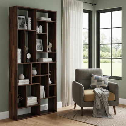 86" Brown And Natural Solid Wood and Wood Ten Tier Bookcase