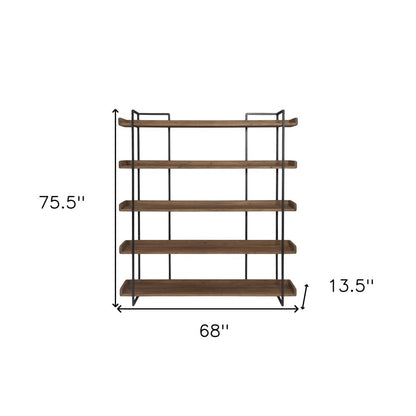 76" Brown and Black Metal and Wood Five Tier Bookcase
