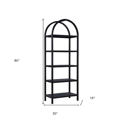 80" Black Oak Wood Five Tier Arched Top Bookcase