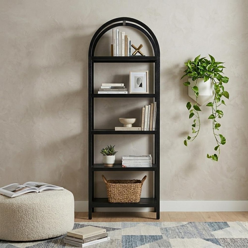 80" Black Oak Wood Five Tier Arched Top Bookcase
