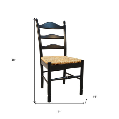 Straw and Black Solid Wood and Rush Ladder Back Dining Side Chair