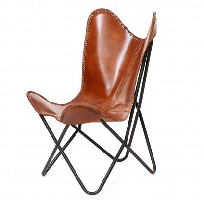 32" Brown and Black Genuine Leather Butterfly Chair