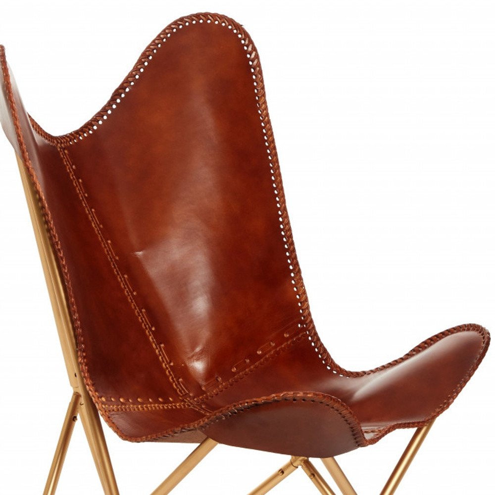 32" Brown and Gold Genuine Leather Butterfly Chair