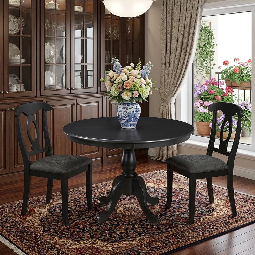 42" Black Wood Pedestal Base Round Top Dining Table