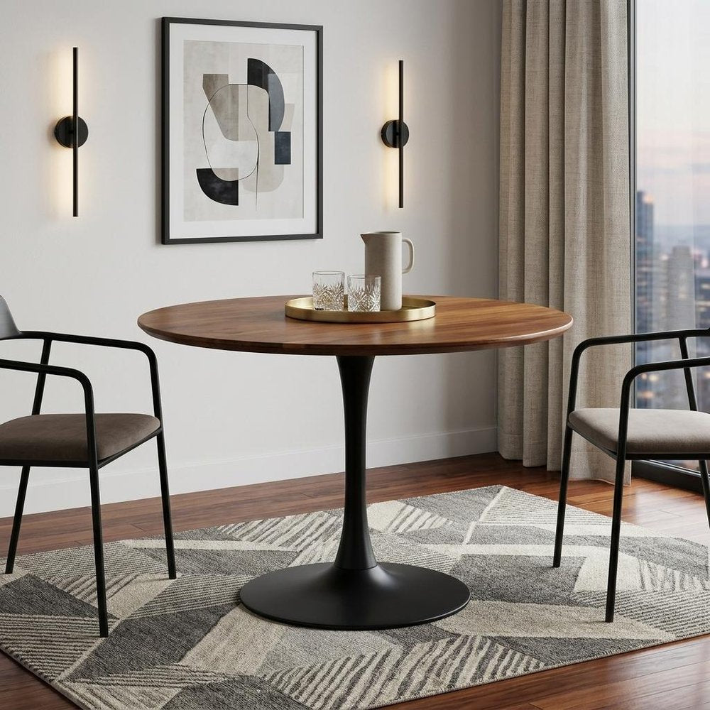 40" Brown And Black Rounded Solid Wood And Iron Pedestal Base Dining Table