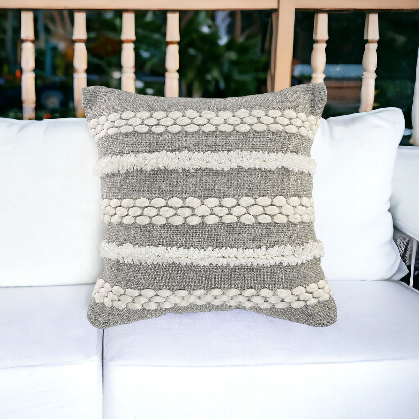 20" Gray and White Geometric Indoor Outdoor Throw Pillow With Texture