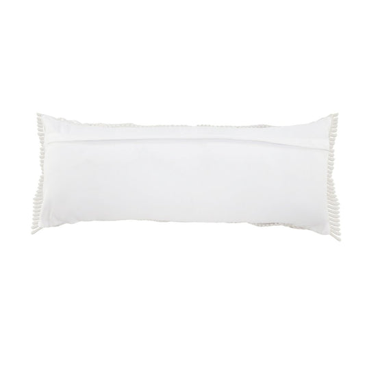 14" X 36" White Textured Indoor Outdoor Throw Pillow With Fringe
